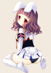  animal_ears armband ass beige_background black_leotard blush boots breasts brown_eyes brown_hair chiester410 chiester410_(cosplay) closed_mouth commentary_request cosplay creator_connection cropped_jacket female from_behind full_body hairband higanbana_no_saku_yoru_ni jacket kusunoki_midori large_breasts leotard long_hair long_sleeves looking_at_viewer looking_back pleated_skirt rabbit_ears rabbit_girl rabbit_tail sakurazawa_izumi simple_background sitting skirt solo tail thigh_boots thighhighs wariza wavy_mouth white_footwear white_jacket white_skirt white_thighhighs yellow_hairband 