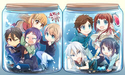  4boys 4girls :d aki_(neyuki41028) carrying closed_eyes commentary_request fish hiradaira_chisaki hisanuma_sayu in_container isaki_kaname jar kihara_tsumugu long_hair mukaido_manaka multiple_boys multiple_girls nagi_no_asukara no_nose octopus one_eye_closed open_mouth princess_carry sakishima_hikari sea_slug shiodome_miuna short_hair smile submerged thighhighs uroko_(nagi_no_asukara) wavy_mouth 