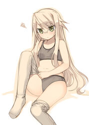  arima_senka blonde_hair blush breasts dressing female glasses green_eyes grey_sports_bra kashiwamochi_yomogi lingerie long_hair mole mole_on_body navel original panties photoshop_(medium) small_breasts solo sports_bra thighhighs underwear underwear_only very_long_hair 