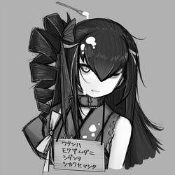  abyssal_ship ancient_destroyer_princess collar commentary drill_hair female grey_background greyscale kantai_collection long_hair monochrome one_eye_closed pet_shaming solo spoon suggestive_fluid translated tun upper_body white_eyes wince yogurt 