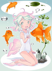  ahoge air_bubble aqua_background aqua_eyes aqua_hair arm_at_side barefoot blush breasts bubble collarbone commentary_request crystal female fins fish fish_tail from_below from_side full_body goldfish gradient_background happy hatomugi_(mamotan) head_fins highres kneeling legs_together lily_pad looking_at_viewer looking_to_the_side old_school_swimsuit one-piece_swimsuit open_mouth original outline plant pointing ripples school_swimsuit shochuumimai short_hair small_breasts smile solo submerged swept_bangs swimming swimsuit tail underwater water white_one-piece_swimsuit 