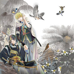  2boys aqua_eyes bambi_t bird bird_request black_gloves blonde_hair blue-and-white_flycatcher blue_eyes blue_hair commentary_request crested_kingfisher flower flycatcher_(animal) gloves great_blue_heron hair_ornament heron highres hood japanese_clothes katana kingfisher leaf male_focus mikazuki_munechika multiple_boys necktie photoshop_(medium) sayagata sheath sheathed sitting smile sword tachi_(weapon) tassel tassel_hair_ornament touken_ranbu tree weapon yamanbagiri_kunihiro 