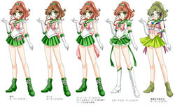  5girls back_bow bare_legs bishoujo_senshi_sailor_moon bishoujo_senshi_sailor_moon_stars boots bow brooch brown_hair character_name choker commentary_request costume_chart earrings elbow_gloves full_body gloves green_choker green_eyes green_footwear green_sailor_collar green_skirt hair_bobbles hair_ornament headset heart heart_brooch high_ponytail jewelry jupiter_symbol kino_makoto knee_boots magical_girl multiple_girls multiple_persona official_alternate_costume pink_bow pleated_skirt ponytail ribbon rose_belt_(sailor_moon) sailor_collar sailor_jupiter sailor_jupiter_(prototype) sailor_senshi_uniform shirataki_kaiseki shoes short_hair skirt smile standing star_(symbol) star_brooch star_choker super_sailor_jupiter super_sailor_jupiter_(stars) tiara translation_request visor white_background white_gloves 