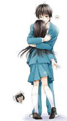  1boy black_eyes black_footwear black_hair blazer blue_jacket blue_skirt blush closed_mouth collared_shirt commentary_request facing_another facing_away female flying_sweatdrops from_behind full_body hands_on_own_chin heart hug jacket kazehaya_shouta kimi_ni_todoke kneehighs kneepits kuronuma_sawako lapels leaning_on_person loafers long_hair long_sleeves looking_at_another looking_at_viewer open_mouth pleated_skirt school_uniform shirt shoe_soles shoes short_hair simple_background skirt smile socks spoken_character spoken_heart standing straight straight_hair translation_request white_background white_shirt white_socks yamaguchi_shinji 