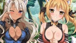  2girls ;) animal_ears bare_shoulders bell blonde_hair blush body_blush bow breasts bush checkered cleavage cleavage_cutout clothing_cutout cross-laced_clothes dark-skinned_female dark_skin detached_sleeves forest fox_ears fox_tail frills game_cg gem grass grin hair_bell hair_ornament hairbow hairclip halterneck head_tilt jingle_bell large_breasts light_smile long_hair looking_at_viewer multiple_girls nature navel no_bra one_eye_closed open_mouth outdoors parted_bangs puffy_detached_sleeves puffy_sleeves raised_eyebrows ribbon_trim sakura_spirit sakurano_machiko sakurano_maeko siblings sisters smile standing tail tears turtleneck twintails upper_body wanaca wavy_hair wiping_tears 