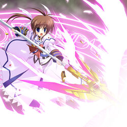  blue_eyes bow broken broken_weapon brown_hair commentary_request endori female hair_ribbon lyrical_nanoha magic_circle mahou_shoujo_lyrical_nanoha mahou_shoujo_lyrical_nanoha_a&#039;s open_mouth photoshop_(medium) raising_heart raising_heart_(exelion_mode) ribbon solo starlight_breaker takamachi_nanoha takamachi_nanoha_(sacred_mode) twintails weapon 