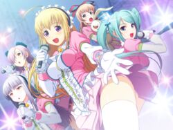  5girls :d :o ahoge anna_(gekkou_no_carnevale) aqua_eyes aqua_hair blonde_hair blush bow breasts brown_hair cornalina cross dress dutch_angle eyebrows game_cg gekkou_no_carnevale gloves green_eyes grey_hair hair_ornament hair_over_one_eye hairbow iris_(gekkou_no_carnevale) long_hair looking_at_viewer lunaria maid_headdress medium_breasts microphone multiple_girls music nitro+royale non-web_source open_mouth out_of_frame outstretched_hand panties pantyshot perla pink_dress purple_eyes purple_hair sidelocks singing smile stage stage_lights stuffed_toy thighhighs tsuji_santa twintails underwear white_gloves white_legwear yellow_eyes 