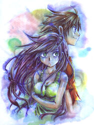  1boy akuyuu_(akuyuworld) bare_shoulders bartz_klauser blue_eyes brown_hair commentary_request earrings faris_scherwiz female final_fantasy final_fantasy_5 glint green_eyes jewelry long_hair necklace pendant purple_hair smile 