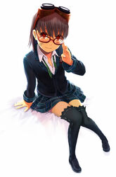  adjusting_eyewear alternate_costume arm_support bespectacled commentary_request dirty dirty_face female full_body glasses god_eater god_eater_burst goggles goggles_on_head grey_hair kusunoki_rikka purple_hair red_eyes school_uniform shoes simple_background sitting smile solo thighhighs unbuttoned wankosukii 