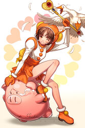  animal arm_up artist_name bird blush bow brown_hair chinese_commentary commentary_request copyright_name duck eclosion feathers female gloves gouketsuji_ichizoku hananokouji_kurara hat heart heart_background looking_at_viewer one_eye_closed orange_gloves orange_skirt photoshop_(medium) pig red_eyes scar short_hair sitting sitting_on_head sitting_on_person skirt smile tears wand wings yellow_bow 