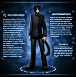  2012 adam_sung anthro black_body black_fur blue_eyes boots bottomwear clothing dan_scarlet domestic_cat felid feline felis footwear fur hi_res jacket looking_at_viewer male mammal model_sheet pants pink_nose science_fiction solo superhero superpowers text topwear white_body white_fur 