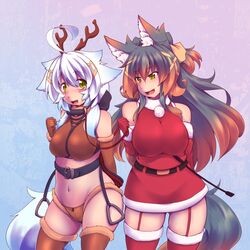  2girls :d animal_costume animal_ears antlers bare_shoulders belt bit_gag blush bondage breasts brown_hair christmas commentary_request dress elbow_gloves femdom gag gag_around_neck garter_straps gloves gradient_hair harness holding holding_reins horns kuromiya kuromiya_raika_(kuromiya) large_breasts long_hair midriff multicolored_hair multiple_girls navel oerba_yun_fang open_mouth original pom_pom_(clothes) pony_play red_dress red_gloves red_legwear reindeer_antlers reindeer_costume reins riding_crop saddle santa_costume santa_dress shiromiya_asuka_(kuromiya) smile standing stirrups_(riding) stomach tail two-tone_hair unworn_gag white_hair yellow_eyes yuri 