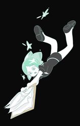  1other absurdres androgynous bad_id bad_twitter_id black_background clipboard crystal_hair falling gem_uniform_(houseki_no_kuni) green_eyes green_hair harunicanaria highres houseki_no_kuni kaiba other_focus parody phosphophyllite short_hair shorts simple_background solo style_parody uniform 