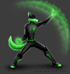  2013 anthro black_nose bodysuit canid canine canis clothing coyote dan_scarlet fur green_body green_eyes green_fur grin loonatics_unleashed looney_tunes male mammal simple_background skinsuit smile solo superhero superpowers tech_e_coyote teeth tight_clothing warner_brothers 