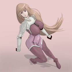  blunt_bangs bodysuit breasts brown_hair commentary_request female gloves groin ken_marinaris large_breasts long_hair long_sleeves red_eyes shadow simple_background solo takuden very_long_hair zone_of_the_enders 