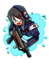  acyo commentary deviantart_sample female glasses headphones image_sample internet_positif ipo-chan oerba_yun_fang open_mouth red_eyes sharp_teeth short_hair smile solo teeth weapon 