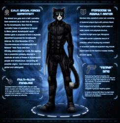  2012 adam_sung anthro armor black_body black_fur blue_eyes bodysuit clothing dan_scarlet domestic_cat felid feline felis fur gun handgun hi_res looking_at_viewer male mammal model_sheet pink_nose pistol ranged_weapon science_fiction skinsuit solo superhero superpowers text tight_clothing weapon white_body white_fur 