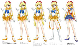  5girls aino_minako back_bow bare_legs bishoujo_senshi_sailor_moon bishoujo_senshi_sailor_moon_stars blonde_hair blue_eyes blue_skirt boots bow brooch character_name choker commentary_request costume_chart crescent crescent_facial_mark earrings elbow_gloves facial_mark forehead_mark full_body gloves hairbow half_updo heart heart_brooch jewelry knee_boots long_hair magical_girl miniskirt multiple_girls multiple_persona official_alternate_costume orange_choker orange_sailor_collar orange_skirt pleated_skirt red_bow ribbon sailor_collar sailor_senshi_uniform sailor_v sailor_venus shirataki_kaiseki shoes skirt smile standing star_(symbol) star_brooch star_choker strappy_heels super_sailor_venus super_sailor_venus_(stars) translation_request venus_chain_(sailor_moon) very_long_hair white_background white_gloves 