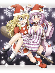  2girls aru_ra_une blonde_hair blue_eyes blush boots braid breasts broom broom_riding carrying commentary_request crescent crescent_hat_ornament hat hat_ornament highres kirisame_marisa large_breasts long_hair multiple_girls patchouli_knowledge photoshop_(medium) princess_carry purple_eyes purple_hair santa_boots santa_costume santa_hat touhou 