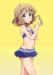  bikini bikini_skirt blue_bikini blue_eyes brown_hair commentary_request female flat_chest floral_print gradient_background holding holding_removed_eyewear idolmaster idolmaster_million_live! navel short_hair solo standing sunglasses suou_momoko swimsuit tyke unworn_eyewear yellow_background 