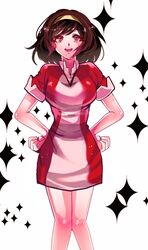  bad_id bad_pixiv_id brown_eyes brown_hair devilman dress female hairband hands_on_own_hips makimura_miki oden_(dofuko) open_mouth red_dress short_hair smile solo 