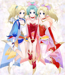  3girls alternate_costume blonde_hair blue_eyes boots bow cape choker commentary_request dissidia_012_final_fantasy dissidia_final_fantasy earrings final_fantasy final_fantasy_vi green_hair hair_ribbon highres jewelry kkokko long_hair multiple_girls multiple_persona pantyhose pink_bow ponytail ribbon terra_branford wings 