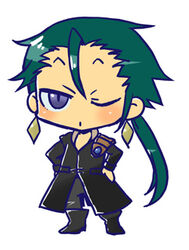  1boy ahoge akuyuu_(akuyuworld) boots chibi coat commentary_request copyright_request desch earrings final_fantasy final_fantasy_iii full_body hands_on_own_hips jewelry long_hair looking_at_viewer lowres male_focus one_eye_closed ponytail purple_eyes simple_background solo standing white_background 