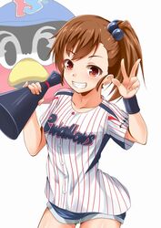  bad_id bad_pixiv_id baseball_jersey blue_shorts blush brown_eyes brown_hair commentary_request female fuku_d futami_mami grin hair_bobbles hair_ornament idolmaster idolmaster_(classic) jersey megaphone nippon_professional_baseball short_hair shorts side_ponytail smile solo tokyo_yakult_swallows tsubakurou v wristband 