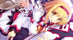  1boy blonde_hair blush breast_press breasts clothes_pull female flower game_cg hair_flower hair_ornament hairband koiken_otome large_breasts open_mouth pants pants_pull school_uniform short_hair someya_yuzu tateha_(marvelous_grace) yellow_eyes 