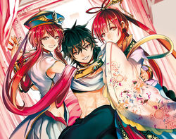  2boys bad_id bad_pixiv_id black_hair braid brother_and_sister brown_eyes female hair_ornament hat judal magi_the_labyrinth_of_magic maguchimo multiple_boys navel red_eyes red_hair ren_kougyoku ren_kouha sandwiched siblings topknot 