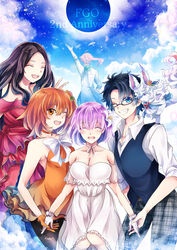  2boys 3girls ;d anniversary arm_up black_hair black_pantyhose blush bow breasts chaldea_uniform choker cleavage closed_eyes collarbone commentary_request copyright_name dress fate/grand_order fate_(series) floating_hair flower fou_(fate) fujimaru_ritsuka_(female) fujimaru_ritsuka_(female)_(starlight_fest) fujimaru_ritsuka_(male) fujimaru_ritsuka_(male)_(starlight_fest) glasses gloves grin hair_between_eyes hair_flower hair_ornament highres holding_hands large_breasts layered_dress leonardo_da_vinci_(fate) leonardo_da_vinci_(formal_dress)_(fate) long_hair mash_kyrielight mash_kyrielight_(formal_dress) multiple_boys multiple_girls official_alternate_costume one_eye_closed one_side_up open_mouth orange_dress orange_eyes orange_gloves orange_hair pantyhose ponytail purple_hair red_dress ribbon ribbon_choker romani_archaman shirt short_dress short_hair sleeveless sleeveless_dress smile strapless strapless_dress suika_(rios151794) v white_bow white_dress white_flower white_gloves white_ribbon white_shirt 