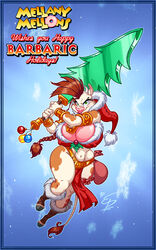  2012 accessory anthro avoid_posting barbarian bell big_breasts bovid bovine breasts brown_hair cattle christmas christmas_clothing christmas_headwear christmas_tree cleavage clothed clothing cowbell eltonpot female fur garter green_eyes hair hat headgear headwear hi_res holidays horn huge_breasts looking_at_viewer mammal melee_weapon mellany_mellons navel plant santa_hat skimpy smile solo sword tail tail_tuft tree tuft warrior weapon wide_hips 