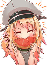  bad_id bad_nicoseiga_id bismarck_(kancolle) blush closed_eyes commentary_request eating female food fruit hat highres kantai_collection long_hair okuva peaked_cap solo watermelon white_background 