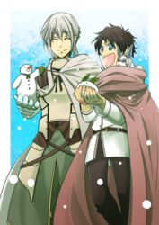  2boys armor bedivere_(fate) belt black_hair blonde_hair carrot chaldea_uniform cloak closed_eyes command_spell commentary_request fate/grand_order fate_(series) fou_(fate) fujimaru_ritsuka_(male) holding long_hair mochizuki_aki multiple_boys snow snow_rabbit snowman uniform 