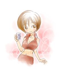  blush brown_eyes brown_hair can character_name commentary_request crop_top cup english_text female happy_birthday holding holding_cup meiko_(vocaloid) midriff navel obsidian_order short_hair smile solo translated vocaloid 