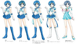  5girls back_bow bare_legs bishoujo_senshi_sailor_moon bishoujo_senshi_sailor_moon_stars blue_choker blue_eyes blue_footwear blue_hair blue_sailor_collar blue_skirt boots bow brooch character_name choker commentary_request costume_chart earrings elbow_gloves full_body gloves headset heart heart_brooch high_heels jewelry knee_boots magical_girl mercury_symbol miniskirt mizuno_ami multiple_girls multiple_persona official_alternate_costume pleated_skirt ribbon sailor_collar sailor_mercury sailor_mercury_(prototype) sailor_senshi_uniform shirataki_kaiseki short_hair skirt smile star_(symbol) star_brooch star_choker super_sailor_mercury super_sailor_mercury_(stars) tiara translation_request white_background white_gloves 