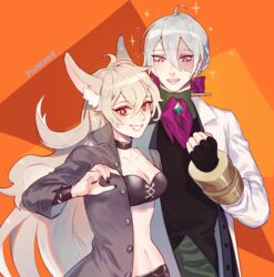  1boy animal_ears blush bra butler cat_ears commentary_request corrin_(female)_(fire_emblem) corrin_(fire_emblem) female fire_emblem fire_emblem_fates fire_emblem_heroes gloves grey_hair halloween jakob_(fire_emblem) jakob_(halloween)_(fire_emblem) long_hair looking_at_viewer low_ponytail pointy_ears ponytail purple_eyes puru_(puruling) red_eyes smile underwear white_hair zombie 