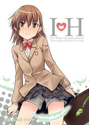  blazer blush brown_eyes brown_hair charm_(object) female frown gekota hair_ornament hairpin jacket misaka_mikoto okara photoshop_(medium) school_uniform shorts skirt solo toaru_kagaku_no_railgun toaru_majutsu_no_index tokiwadai_school_uniform uniform winter_uniform 