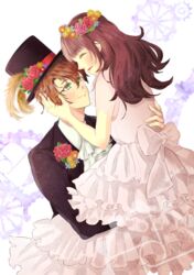  1boy ascot bad_id bad_pixiv_id black_hat brown_hair cardia_beckford code:realize commentary_request dress eye_contact female formal frilled_dress frills gears glasses green_eyes hand_on_another&#039;s_face hat head_wreath long_hair looking_at_another nashisakura_(rio) straight suit victor_frankenstein_(code:realize) white_dress 