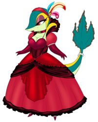  anthro ball_gown beatrice_(ix) beauty_mark cleavage crovirus dress eyelashes eyeshadow female game_freak gloves headdress jewelry lipstick mole_(marking) mole_under_eye opera_gloves pinup pok&eacute;mon_(species) pokemon red_eyes snivy solo 