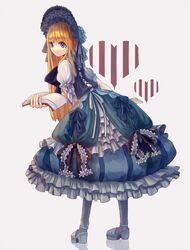  alice_(alice_in_wonderland) alice_in_wonderland blonde_hair blue_eyes bonnet book commentary_request dress female frilled_dress frills full_body gothic_lolita gown heart lolita_fashion long_hair milimilihosi open_book quarterly_pixiv_11_original solo striped vertical_stripes victorian white_background 