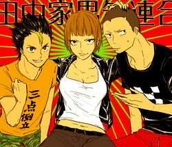  2boys belt breasts brother_and_sister brown_eyes brown_hair buzz_cut cleavage female grin haikyuu!! jacket midriff multicolored_hair multiple_boys navel nishinoya_yuu open_mouth pants short_hair siblings smile tanaka_ryuunosuke tanaka_saeko_(haikyuu!!) 