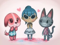  animal_crossing anthro blue_hair blush canid canine canis cookie_(animal_crossing) domestic_cat domestic_dog eyewear felid feline felis female group hair heart_symbol human jiayi lolly_(animal_crossing) mammal nintendo sunglasses tabby_cat villager_(animal_crossing) watering_can 