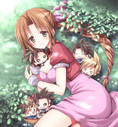  &gt;_&lt; 5boys aerith_gainsborough basket black_hair blonde_hair blush bow bracelet breasts brown_hair chestnut_mouth chibi cleavage closed_eyes cloud_strife commentary_request cropped_jacket dress female final_fantasy final_fantasy_vii green_eyes high_ponytail jewelry leaf long_hair lying materia medium_breasts miyata_(miyatami07) multiple_boys multiple_persona on_side parted_bangs pink_bow pink_dress ponytail sidelocks smile spiked_hair very_long_hair zack_fair 