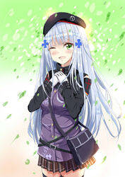  ;d bag beret black_hat black_skirt black_thighhighs blue_hair blush breasts chinese_commentary commentary_request cowboy_shot crying crying_with_eyes_open female german_flag girls&#039;_frontline gloves gradient_background green_eyes hair_ornament hands_on_own_chest hat hk416_(girls&#039;_frontline) jacket long_hair long_sleeves looking_at_viewer medium_breasts miniskirt natsuki_(digretking) one_eye_closed open_mouth own_hands_together plaid plaid_skirt pleated_skirt purple_jacket shoulder_bag skirt smile solo standing streaming_tears tears thighhighs very_long_hair white_gloves zettai_ryouiki 