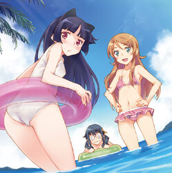  3girls :&lt; :3 :d @_@ animal_ears bad_id bad_pixiv_id bikini black_hair blue_eyes blue_hair brown_hair cat_ears coke-bottle_glasses commentary_request day dutch_angle glasses gokou_ruri hands_on_own_hips inato_serere innertube kousaka_kirino long_hair looking_back makishima_saori md5_mismatch mole mole_under_eye multiple_girls navel one-piece_swimsuit open_mouth ore_no_imouto_ga_konna_ni_kawaii_wake_ga_nai photoshop_(medium) red_eyes resolution_mismatch school_swimsuit skirt smile source_larger swim_ring swimsuit twintails wading white_one-piece_swimsuit 