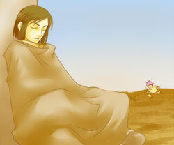  2boys black_hair blume cloak closed_eyes multiple_boys overseer_biel purple_hair sentou_mecha_xabungle sleeping 