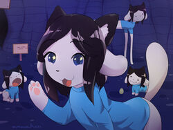  2015 4:3 :3 anthro big_eyes black_hair blue_eyes bob_(undertale) canid canine canis clothed clothing domestic_cat domestic_dog felid feline felis female feral fur group hair hi_res hybrid looking_at_viewer mammal pawpads surgicalarts sweater tem temmie_(undertale) topwear undertale undertale_(series) white_body white_fur 