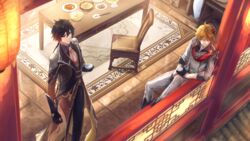  2boys against_railing architecture bad_id bad_pixiv_id black_gloves black_hair black_pants blue_eyes brown_hair carpet chair chopsticks closed_mouth collared_shirt commentary crossed_bangs cup earrings east_asian_architecture eyeshadow food formal from_above from_outside fuyuni0307 genshin_impact gloves gradient_hair hair_between_eyes highres holding holding_cup jacket jewelry lantern long_hair long_sleeves looking_to_the_side lotus_seed_and_bird_egg_soup_(genshin_impact) makeup male_focus mask mask_on_head meat multicolored_hair multiple_boys necktie orange_hair pants plate pot railing red_eyeshadow shirt short_hair single_earring sitting slow-cooked_bamboo_shoot_soup_(genshin_impact) smile standing suit table tartaglia_(genshin_impact) tassel tassel_earrings thumb_ring tianshu_meat_(genshin_impact) utensil vase white_necktie white_pants yellow_eyes zhongli_(genshin_impact) 