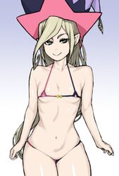  areola_slip bikini black_bikini breasts commentary english_commentary female green_eyes hat long_hair looking_at_viewer magilou_(tales) micro_bikini multicolored_bikini multicolored_clothes navel pink_bikini pointy_ears red_bikini small_breasts smile swimsuit tales_of_(series) tales_of_berseria two-tone_bikini wabaki white_background witch_hat 